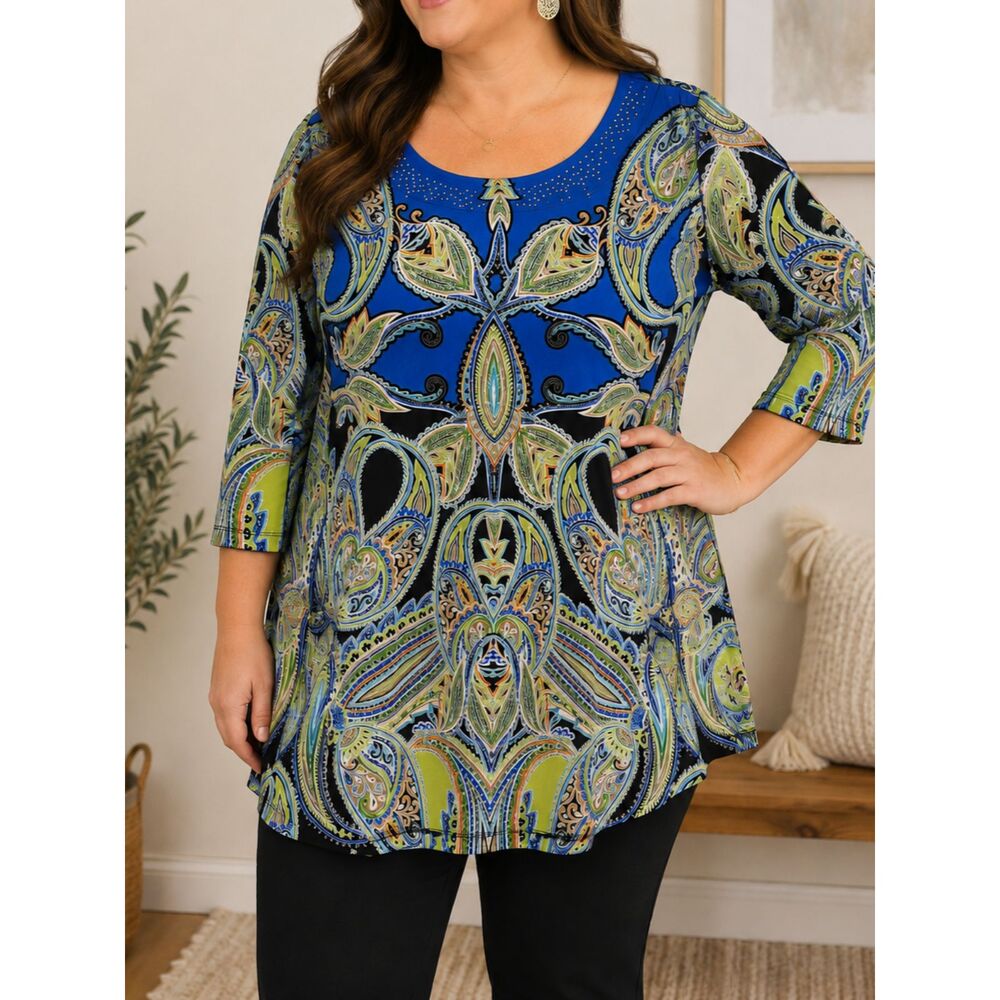 JM Collection Woman 1X Paisley Tunic Top Blue Studded 3/4 Sleeve Plus Size